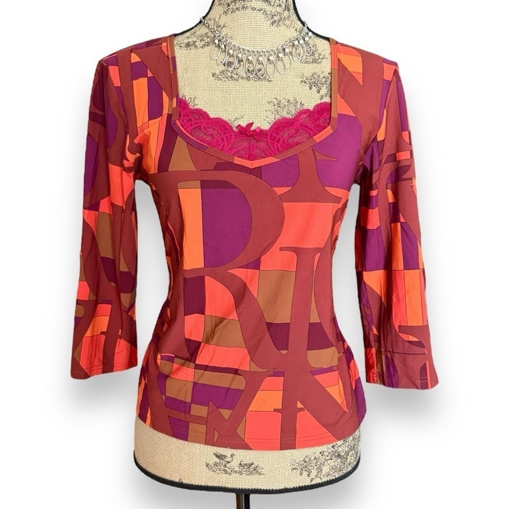 Vintage Nina Ricci Orange & Pink 3/4 Sleeve Top Lace Trim Size 46